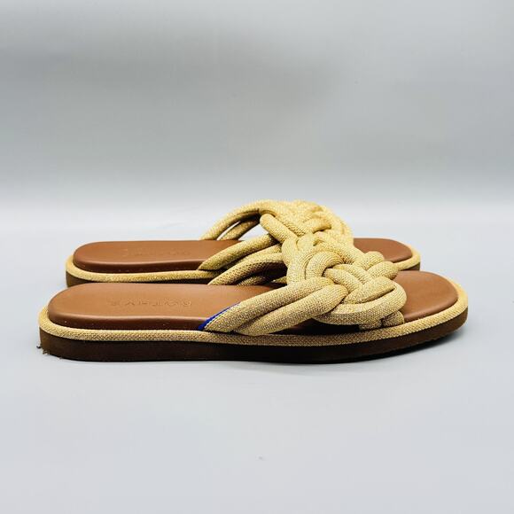 Rothy's Sandals Womens 7 Gold Brown Knot Slide Braided Strap Flats Summer Casual - Picture 1 of 12